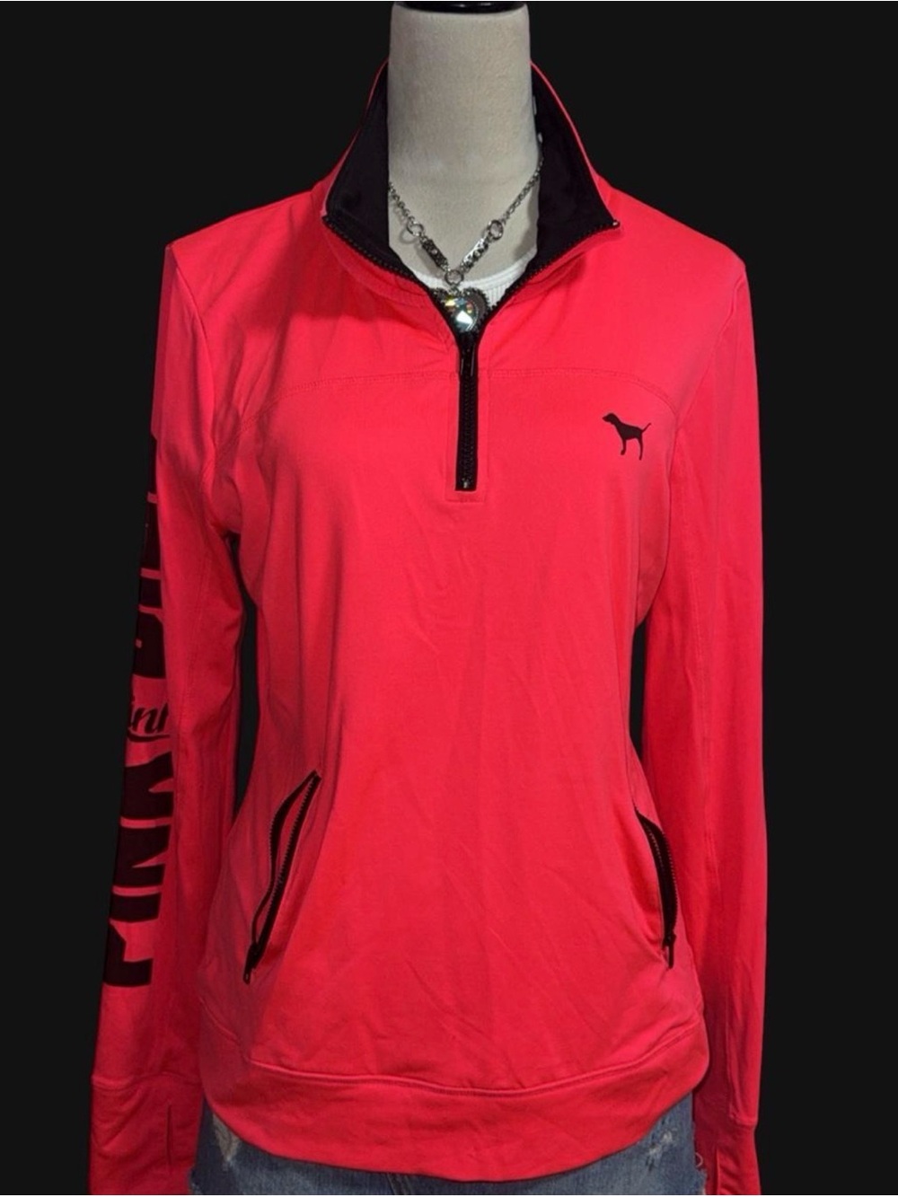 PINK Victoria's Secret red Quarter-Zip Pullover with Dog Logo sweater